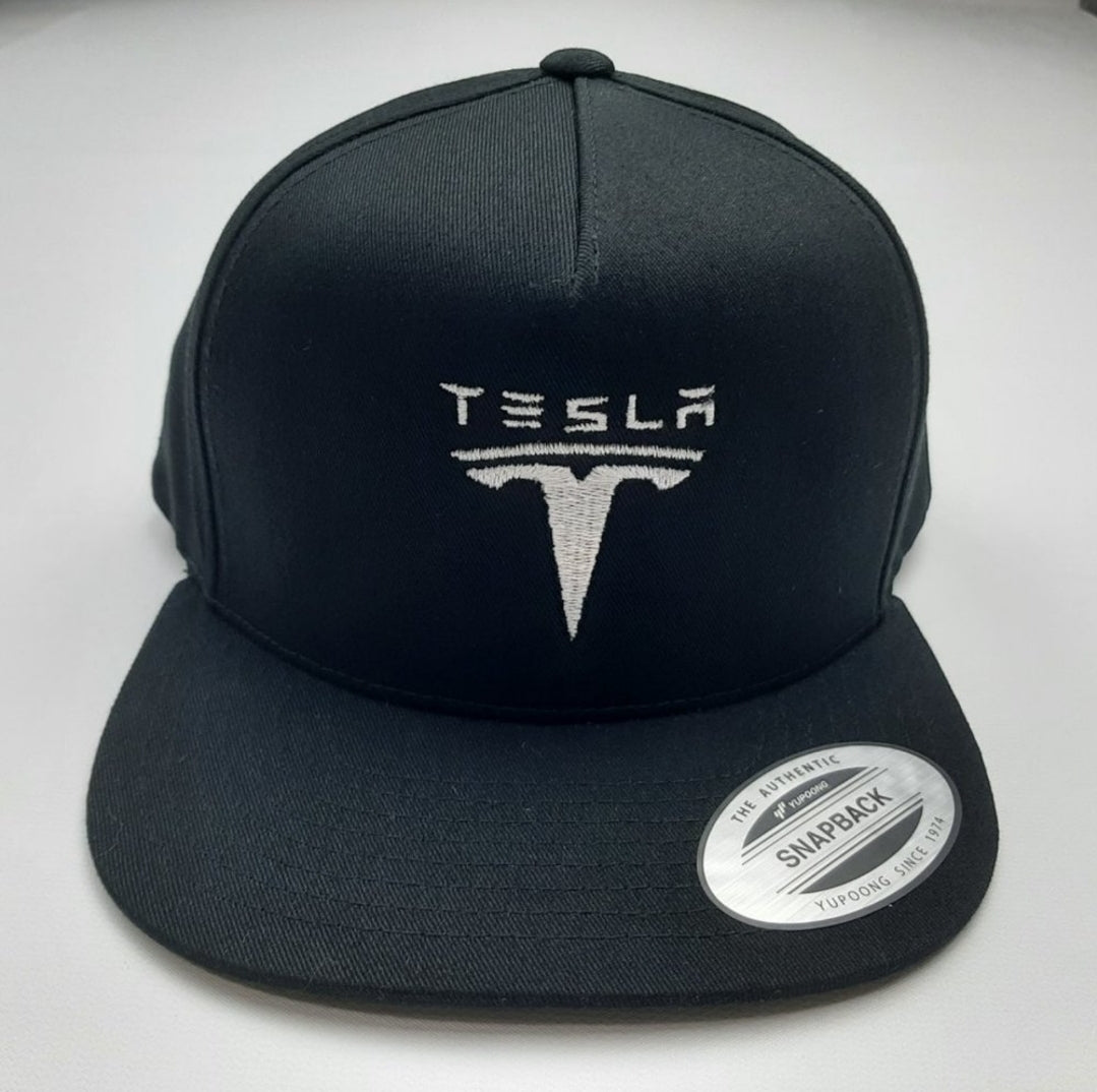 Tesla Embroidered Flat Bill Trucker Snapback Black