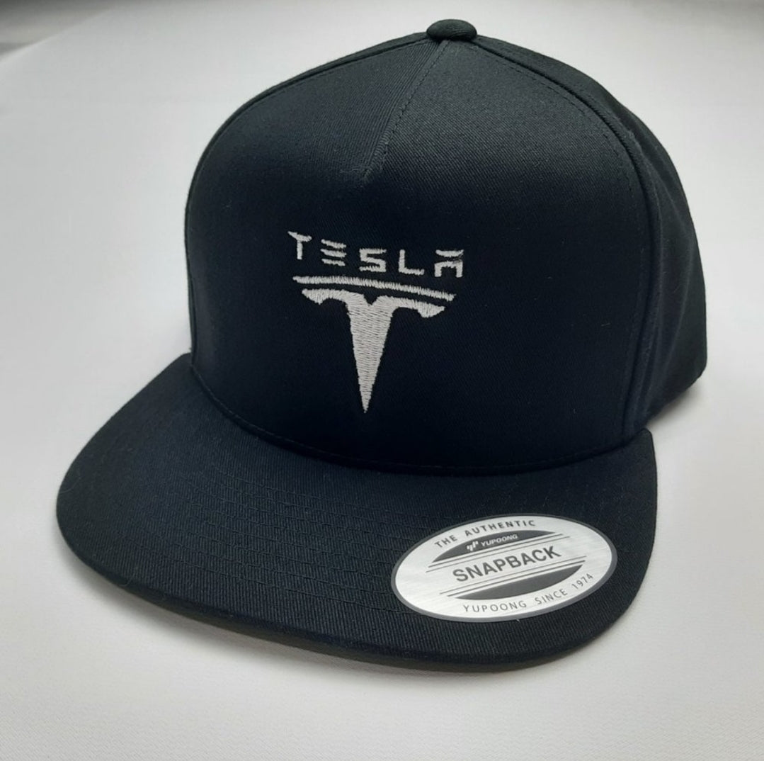 Tesla Embroidered Flat Bill Trucker Snapback Black