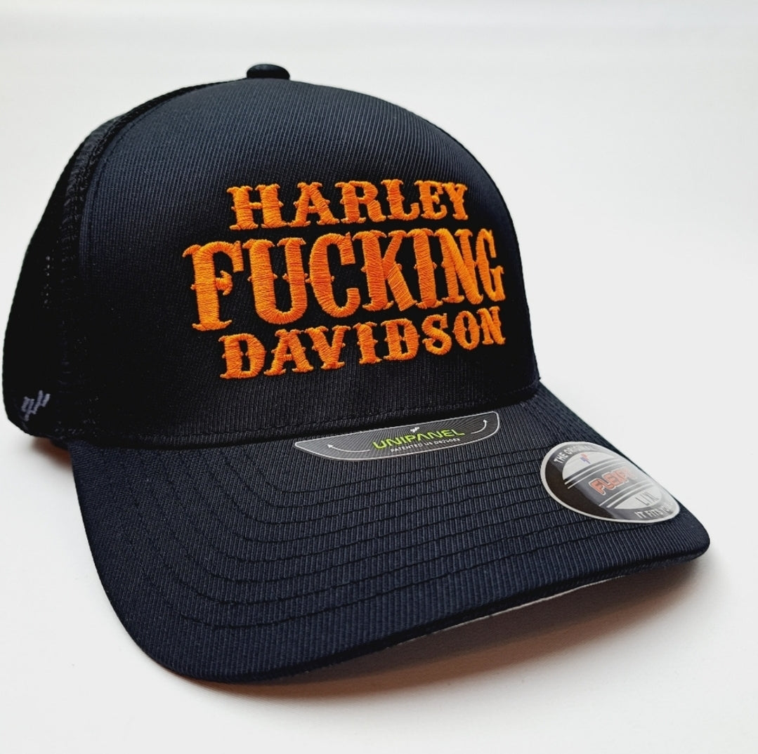 Harley Fucking Davidson Flexfit Unipanel Size L/XL Curved Bill Trucker Mesh Cap Hat Black