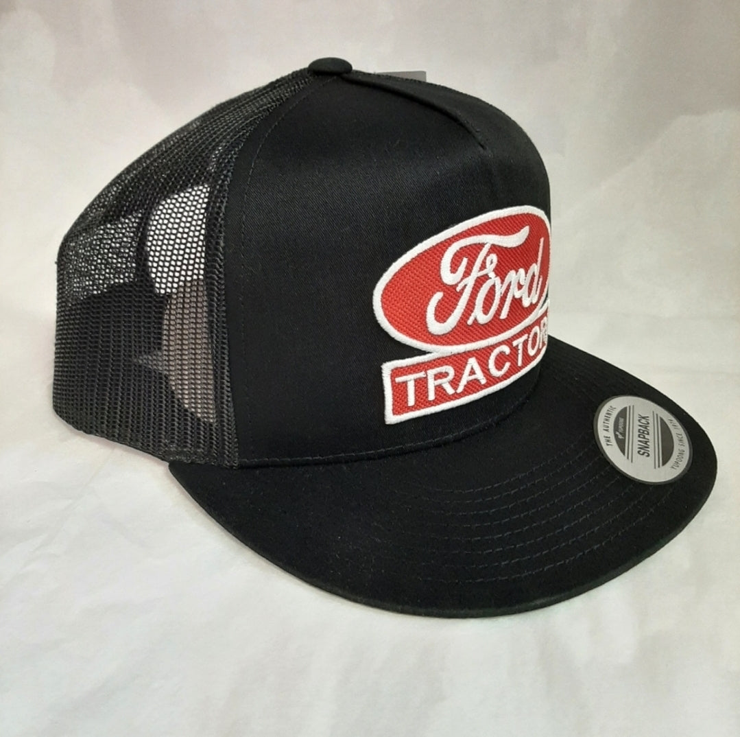 Ford Tractor Embroidered Patch Flat Bill Snapback Mesh Hat Cap Gray White Yupoong