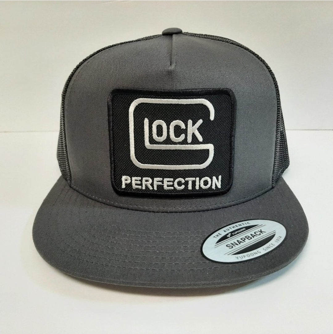 Glock Embroidered Patch Yupoong Baseball Cap Flat Bill Trucker Mesh Snapback Charcoal & Black