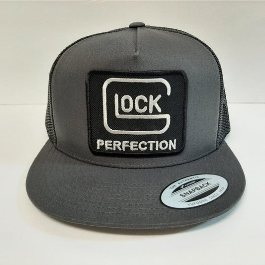 Glock Embroidered Patch Yupoong Baseball Cap Flat Bill Trucker Mesh Snapback Charcoal & Black