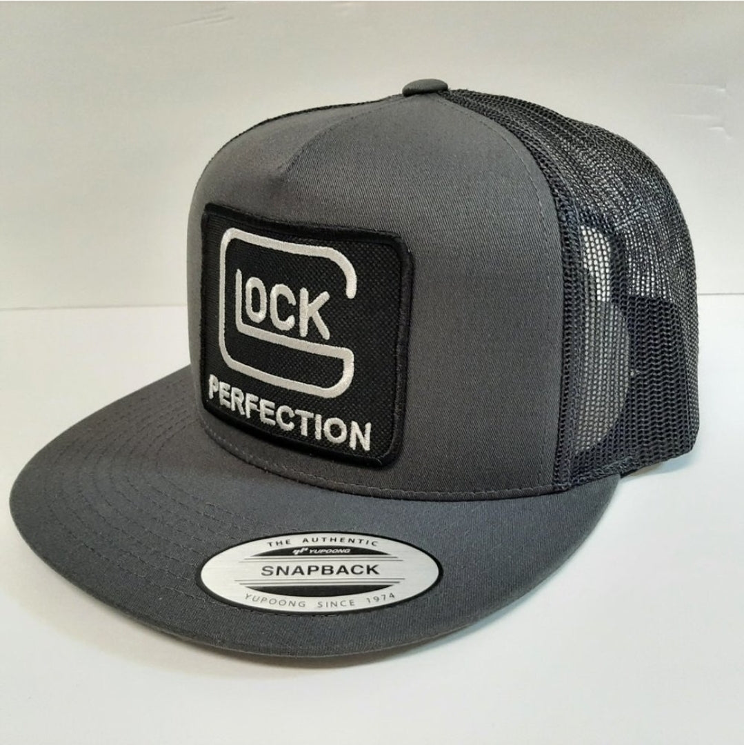 Glock Embroidered Patch Yupoong Baseball Cap Flat Bill Trucker Mesh Snapback Charcoal & Black