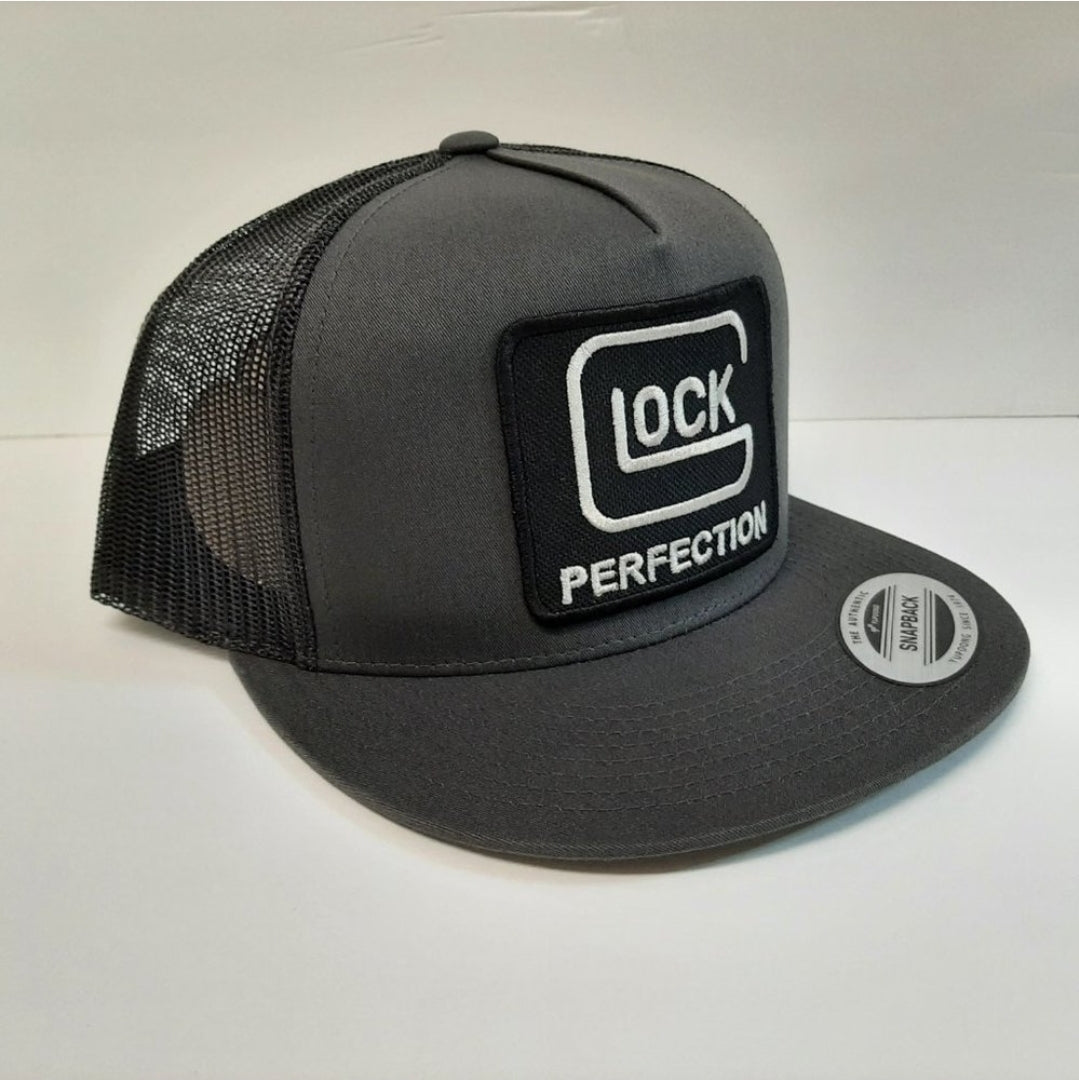 Glock Embroidered Patch Yupoong Baseball Cap Flat Bill Trucker Mesh Snapback Charcoal & Black