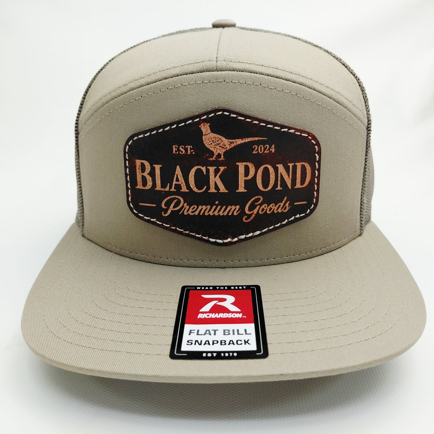 Front view of Black Pond pheasant leather patch Richardson flat bill snapback hat