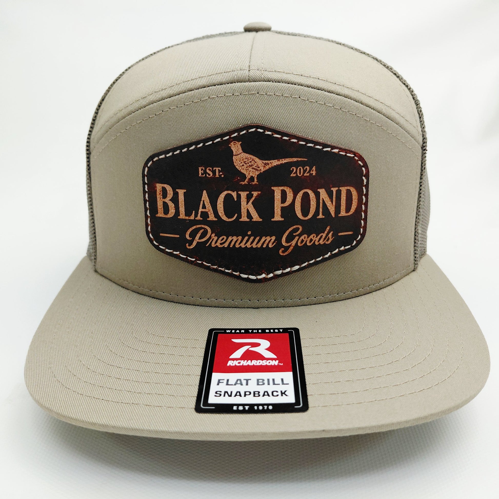 Front view of Black Pond pheasant leather patch Richardson flat bill snapback hat