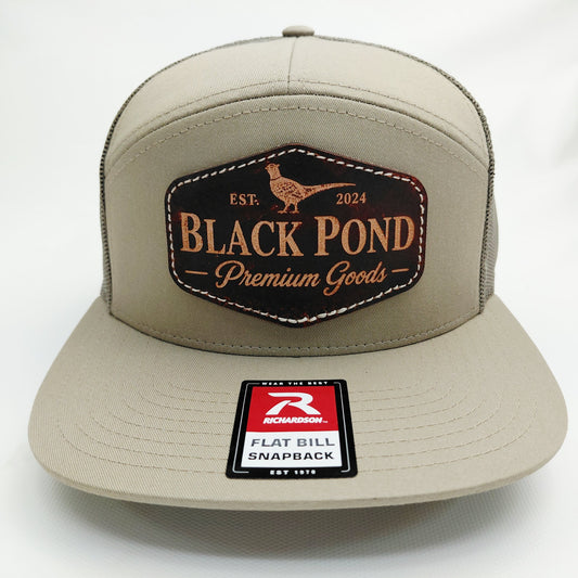 Front view of Black Pond pheasant leather patch Richardson flat bill snapback hat