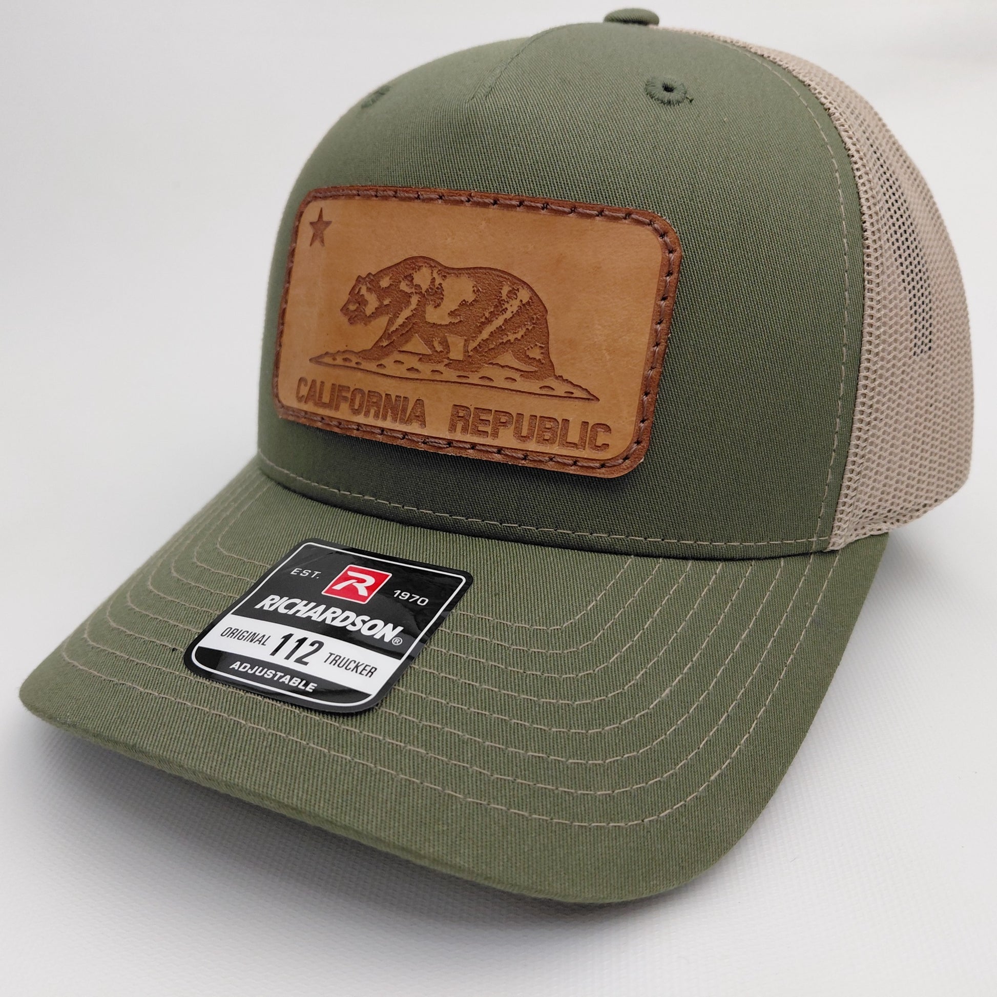 Army green Richardson 112 California Republic leather patch trucker hat angled view