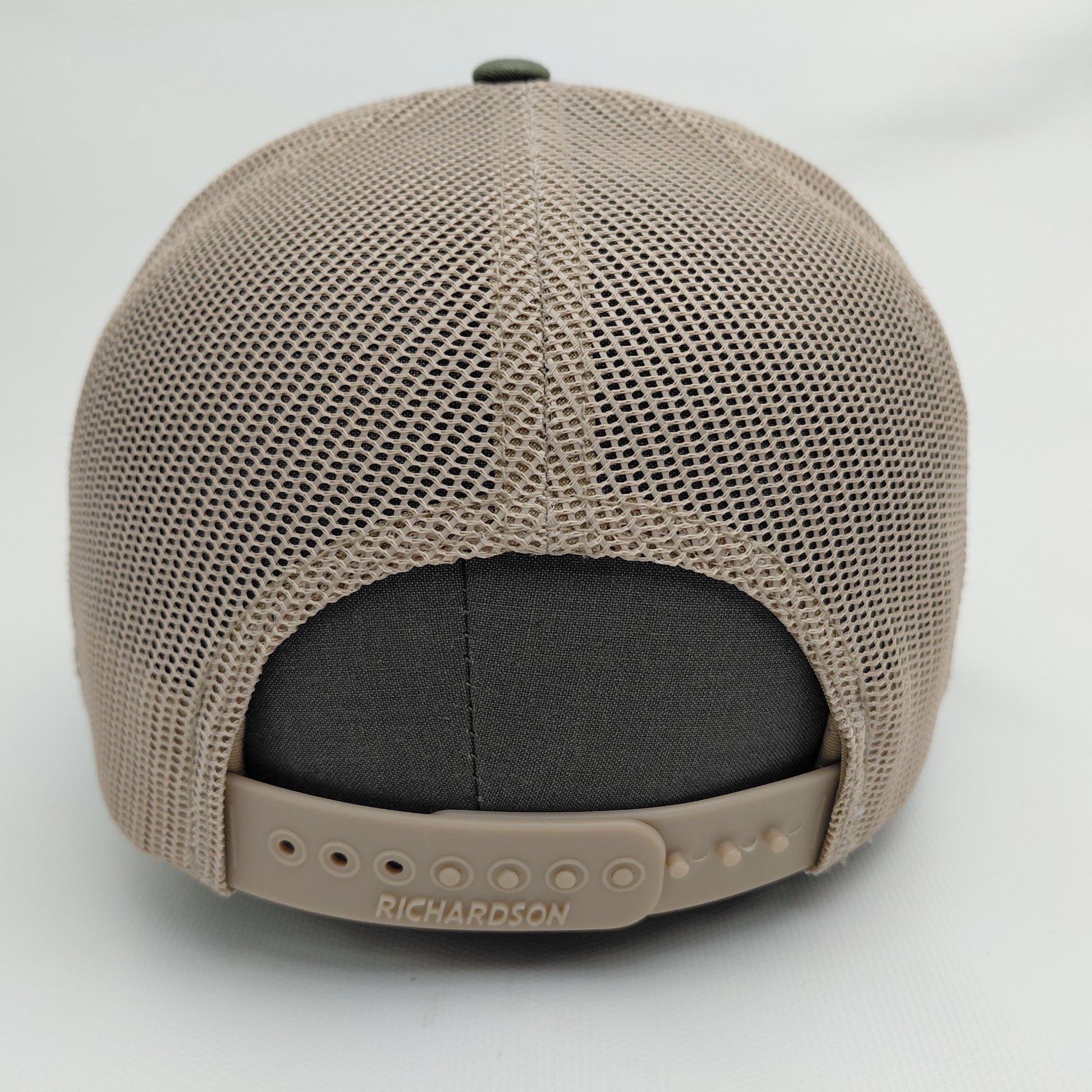 Army green Richardson 112 trucker hat tan mesh back and adjustable snapback