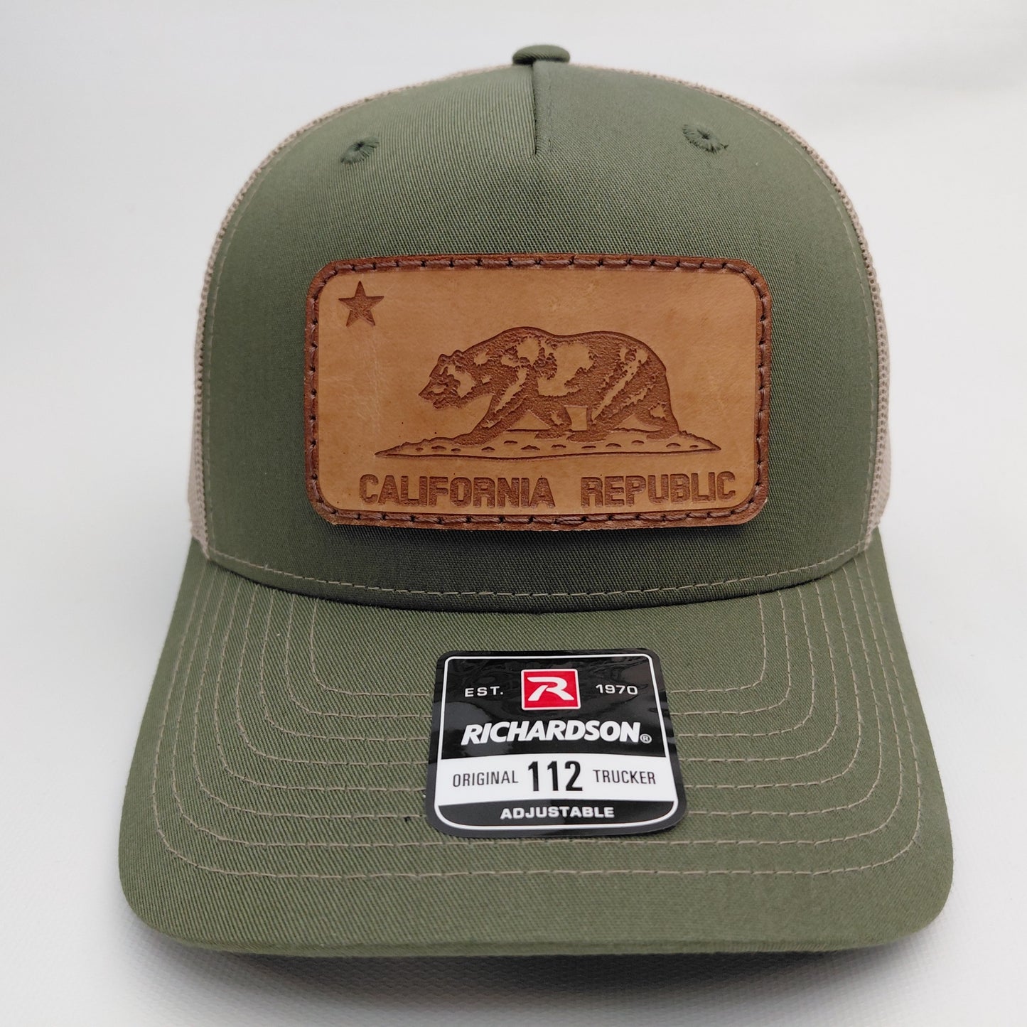 Army green Richardson 112 California Republic leather patch trucker hat front view