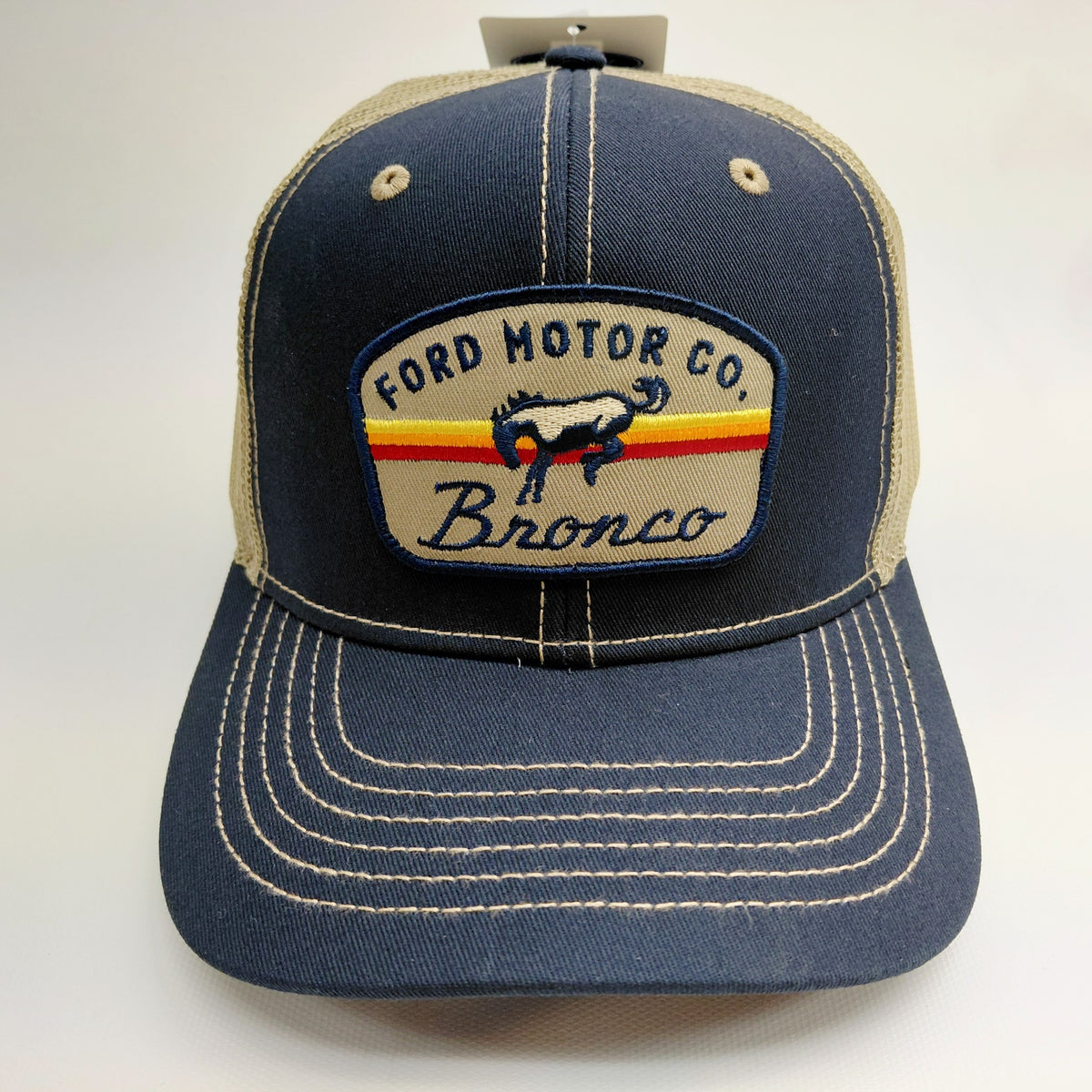 Ford Bronco navy and tan mesh trucker hat front view
