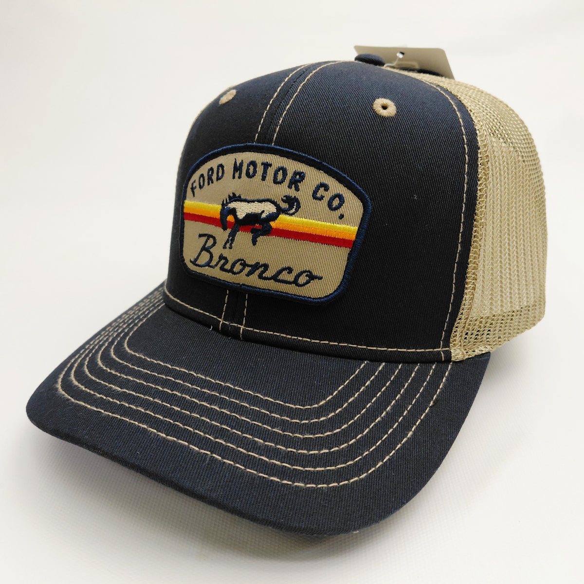 Ford Bronco navy and tan mesh trucker hat angled left view