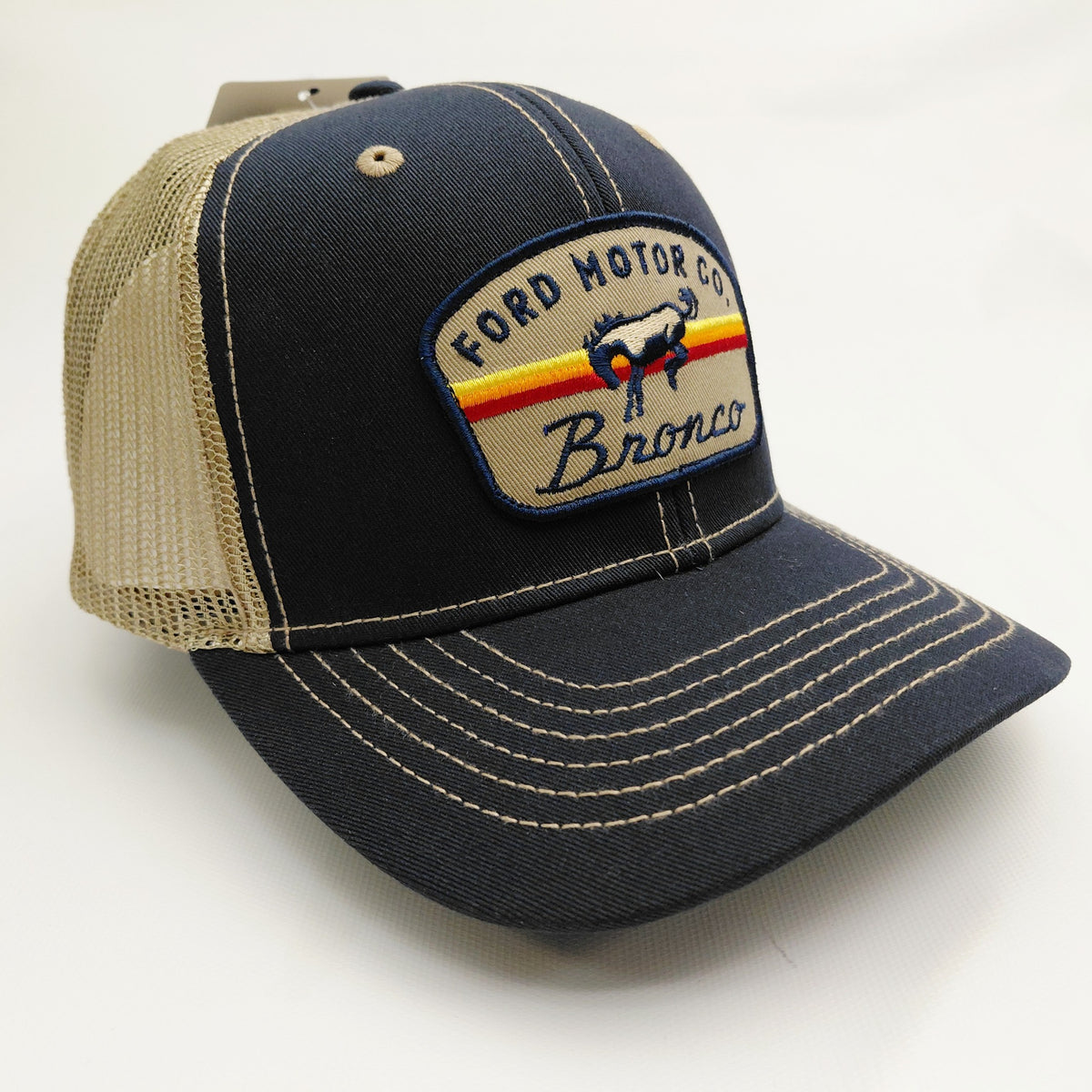 Ford Bronco navy and tan mesh trucker hat angled right view