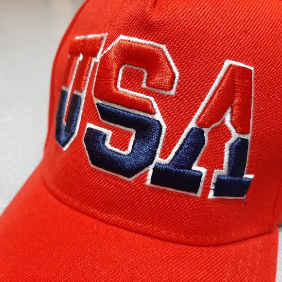 USA Puff Embroidered Baseball Cap Hat United States of America Red Strapback