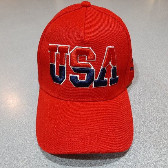 USA Puff Embroidered Baseball Cap Hat United States of America Red Strapback