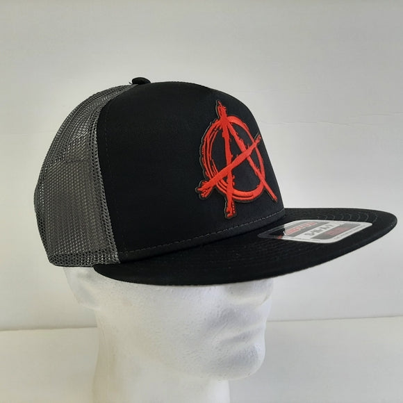 Anarchy Flat Bill Trucker Snapback Black Gray Mesh