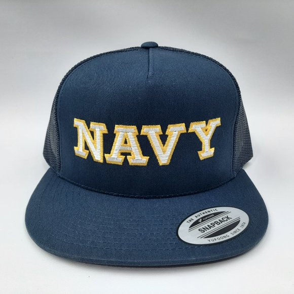 US Navy Flat Bill Baseball Cap Hat Snapback Mesh Trucker Navy Blue