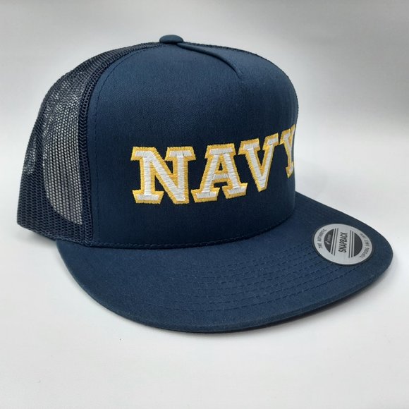 US Navy Flat Bill Baseball Cap Hat Snapback Mesh Trucker Navy Blue