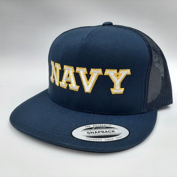 US Navy Flat Bill Baseball Cap Hat Snapback Mesh Trucker Navy Blue