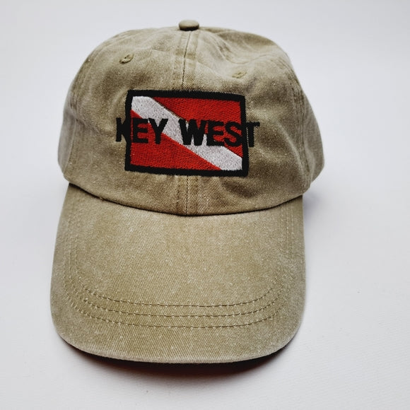 Key West Divers Down Flag Embroidered Relaxed Cotton Hat Cap Olive Green