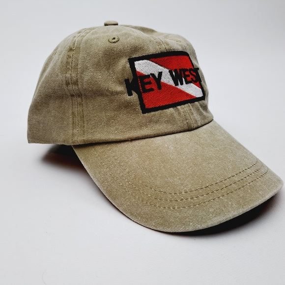 Key West Divers Down Flag Embroidered Relaxed Cotton Hat Cap Olive Green