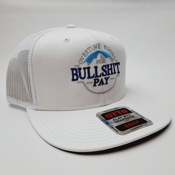 Overtime Hours Flat Bill Trucker Mesh Snapback White