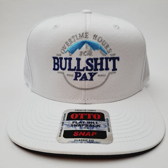 Overtime Hours Flat Bill Trucker Mesh Snapback White