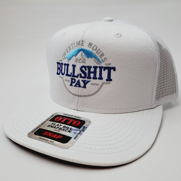 Overtime Hours Flat Bill Trucker Mesh Snapback White