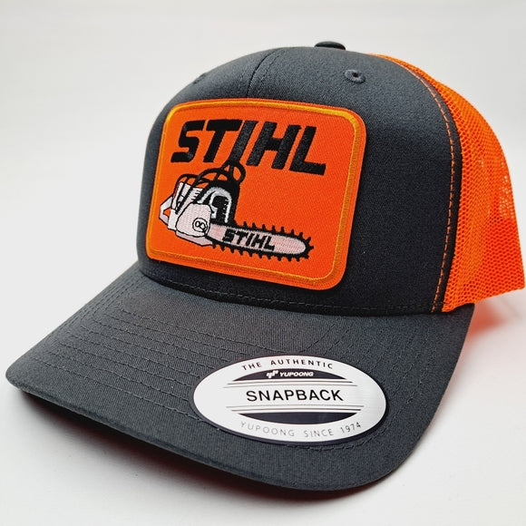 Stihl Embroidered Patch Trucker Mesh Snapback Hat Cap Hi-Vis Neon Orange