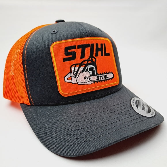 Stihl Embroidered Patch Trucker Mesh Snapback Hat Cap Hi-Vis Neon Orange