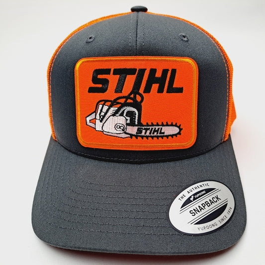 Stihl Embroidered Patch Trucker Mesh Snapback Hat Cap Hi-Vis Neon Orange