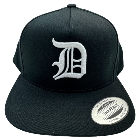D Old English Puff Embroidered Flat Bill Snapback Cap Hat Black
