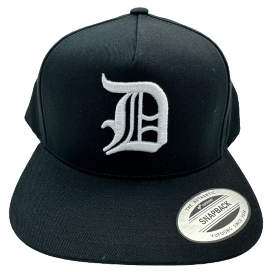 D Old English Puff Embroidered Flat Bill Snapback Cap Hat Black