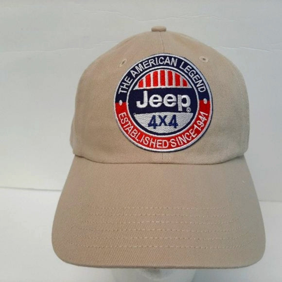 Jeep Dad Hat Cap Beige Cotton Relaxed Strap Embroidered Patch