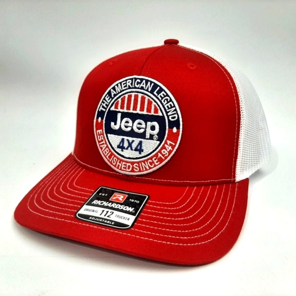 Jeep Richardson 112 Trucker Mesh Snapback Cap Hat Red & White Embroidered Patch