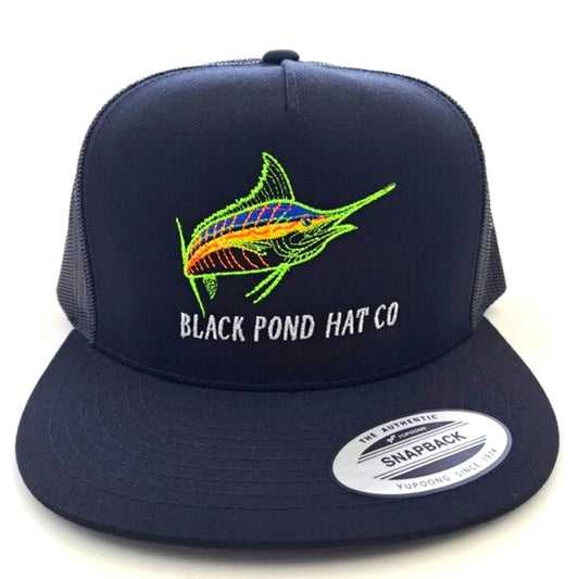 Black Pond Hat Co. Marlin Fish Flat Bill Trucker Mesh Snapback