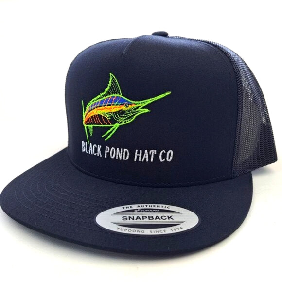 Black Pond Hat Co. Marlin Fish Flat Bill Trucker Mesh Snapback