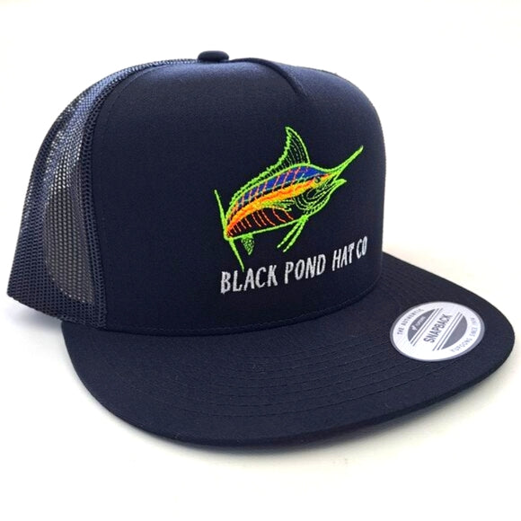 Black Pond Hat Co. Marlin Fish Flat Bill Trucker Mesh Snapback