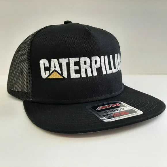 CAT Caterpillar Embroidered Flat Bill Mesh Snapback Cap Hat Black