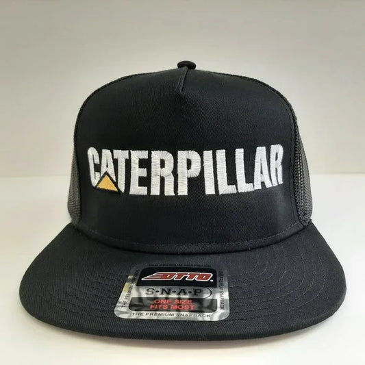 CAT Caterpillar Embroidered Flat Bill Mesh Snapback Cap Hat Black