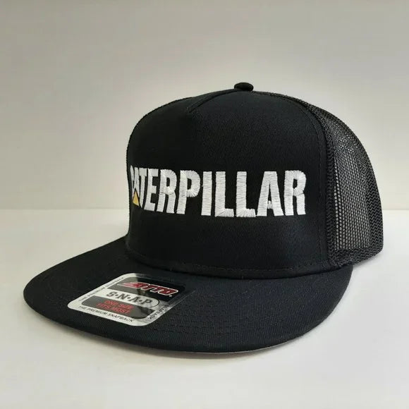 CAT Caterpillar Embroidered Flat Bill Mesh Snapback Cap Hat Black