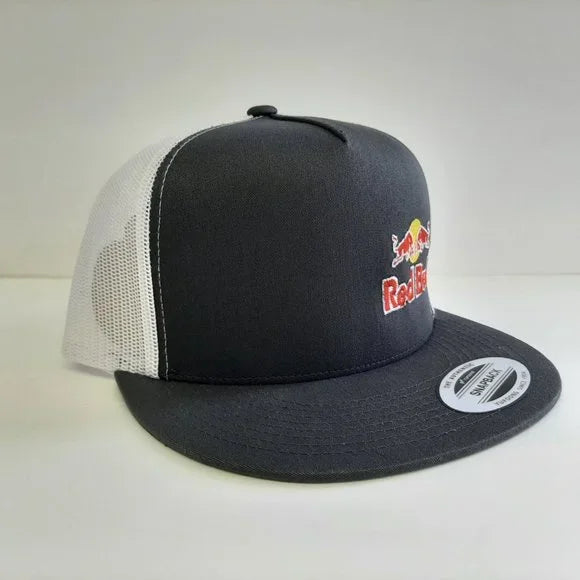 Red Bull Flat Bill Mesh Snapback Black Hat Cap Embroidered Logo