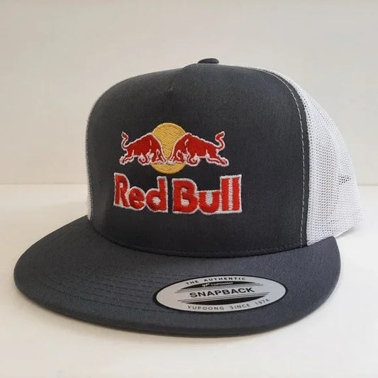 Red Bull Embroidered Flat Bill Mesh Snapback Trucker Cap Hat Gray & White