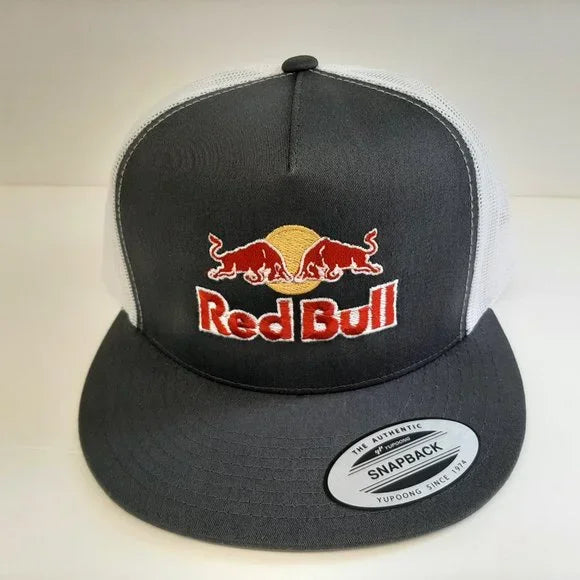Red Bull Embroidered Flat Bill Mesh Snapback Trucker Cap Hat Gray & White