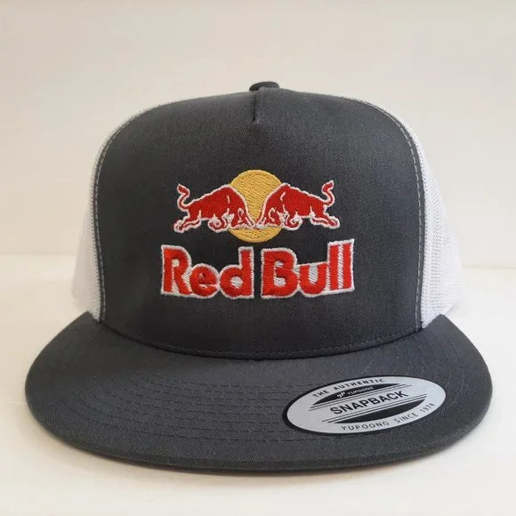 Red Bull Embroidered Flat Bill Mesh Snapback Trucker Cap Hat Gray & White
