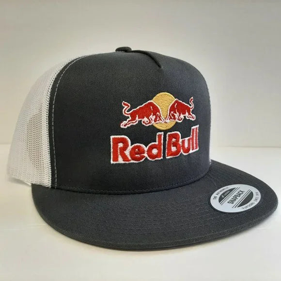 Red Bull Embroidered Flat Bill Mesh Snapback Trucker Cap Hat Gray & White