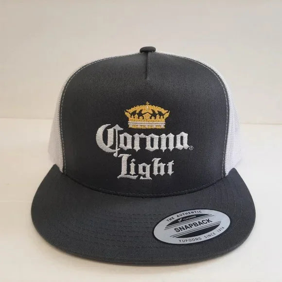 Corona Light Embroidered Flat Bill Trucker Mesh Snapback Cap Hat Gray & White