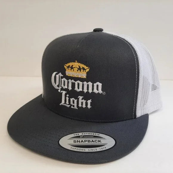 Corona Light Embroidered Flat Bill Trucker Mesh Snapback Cap Hat Gray & White