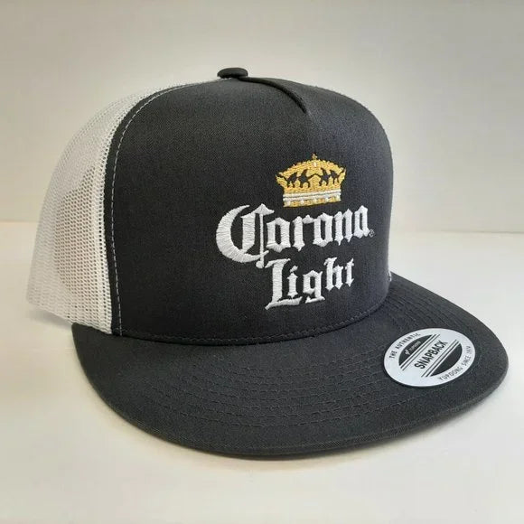 Corona Light Embroidered Flat Bill Trucker Mesh Snapback Cap Hat Gray & White