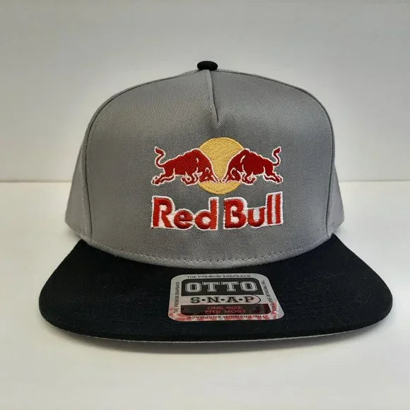 Red Bull Embroidered Flat Bill Snapback Full Coverage Cotton Gray Black Hat Cap